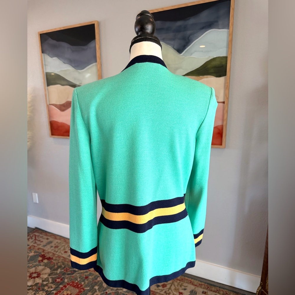 St. John Collection Mint Green Knit Blazer with Navy and Yellow Trim - Picture 3 of 7